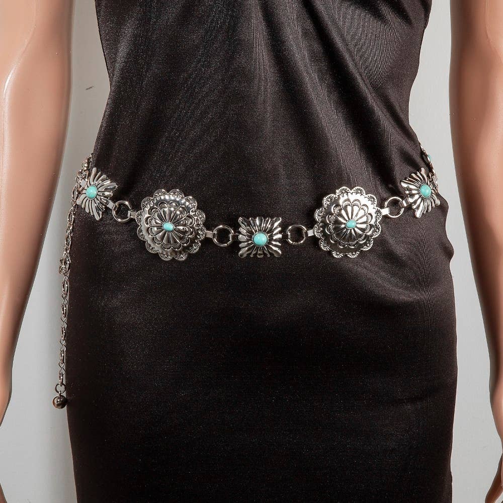 Western Turquoise Stud Floral Concho Chain Belt