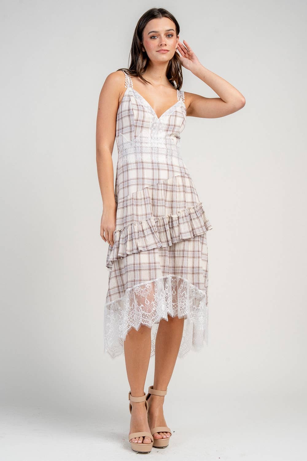 PLAID HEMMED LACE TRIMMED DRESS