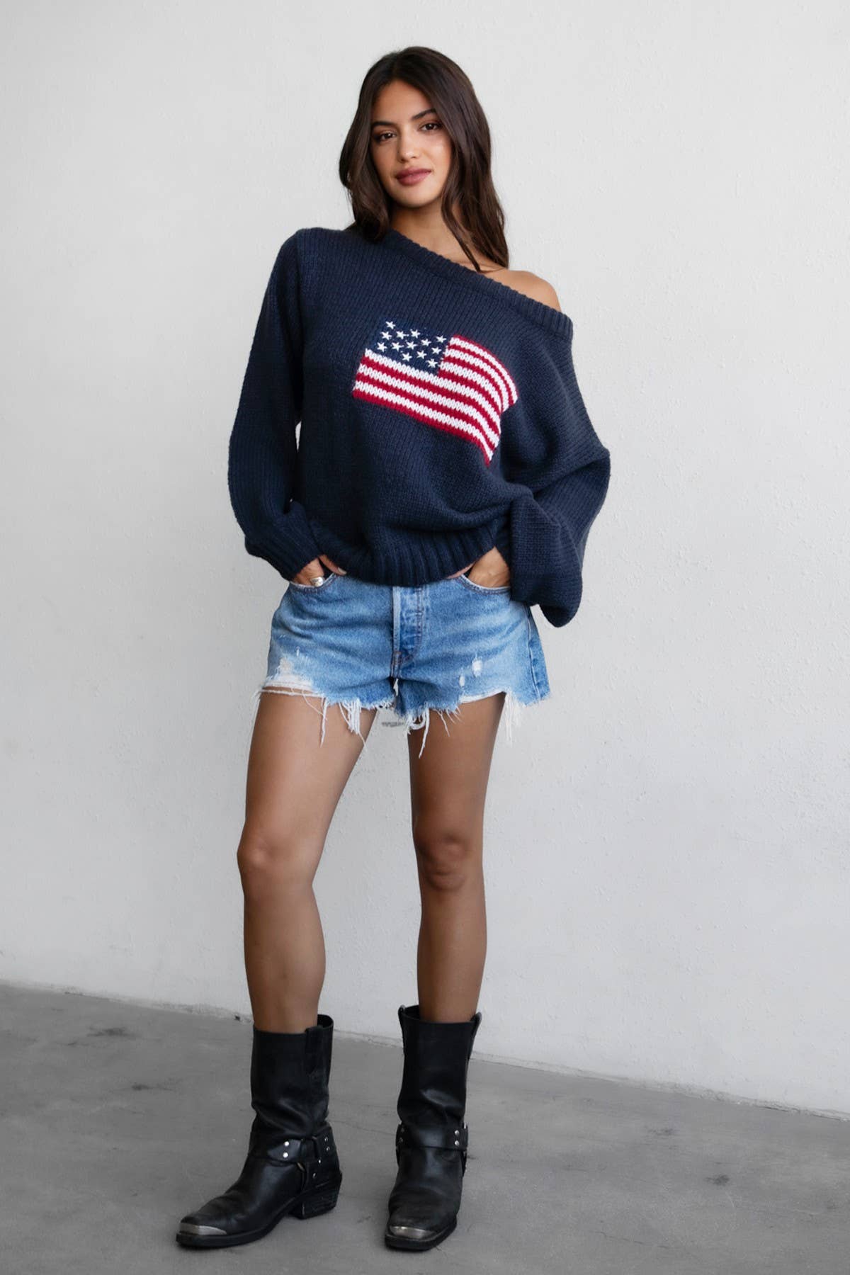 American Flag Knit Off The Shoulder Sweater
