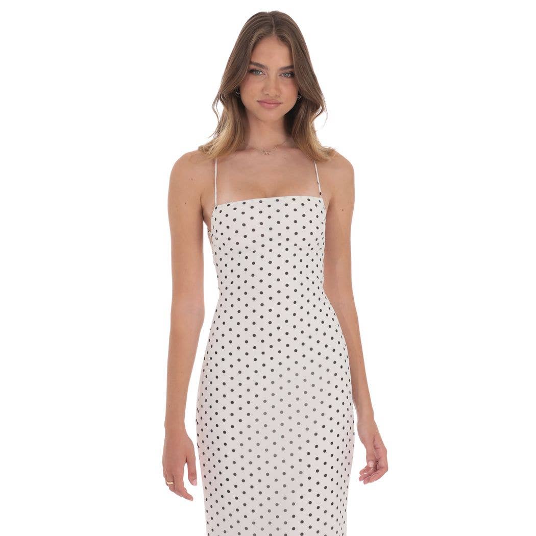 Polka Dot Open Back Maxi Dress in White