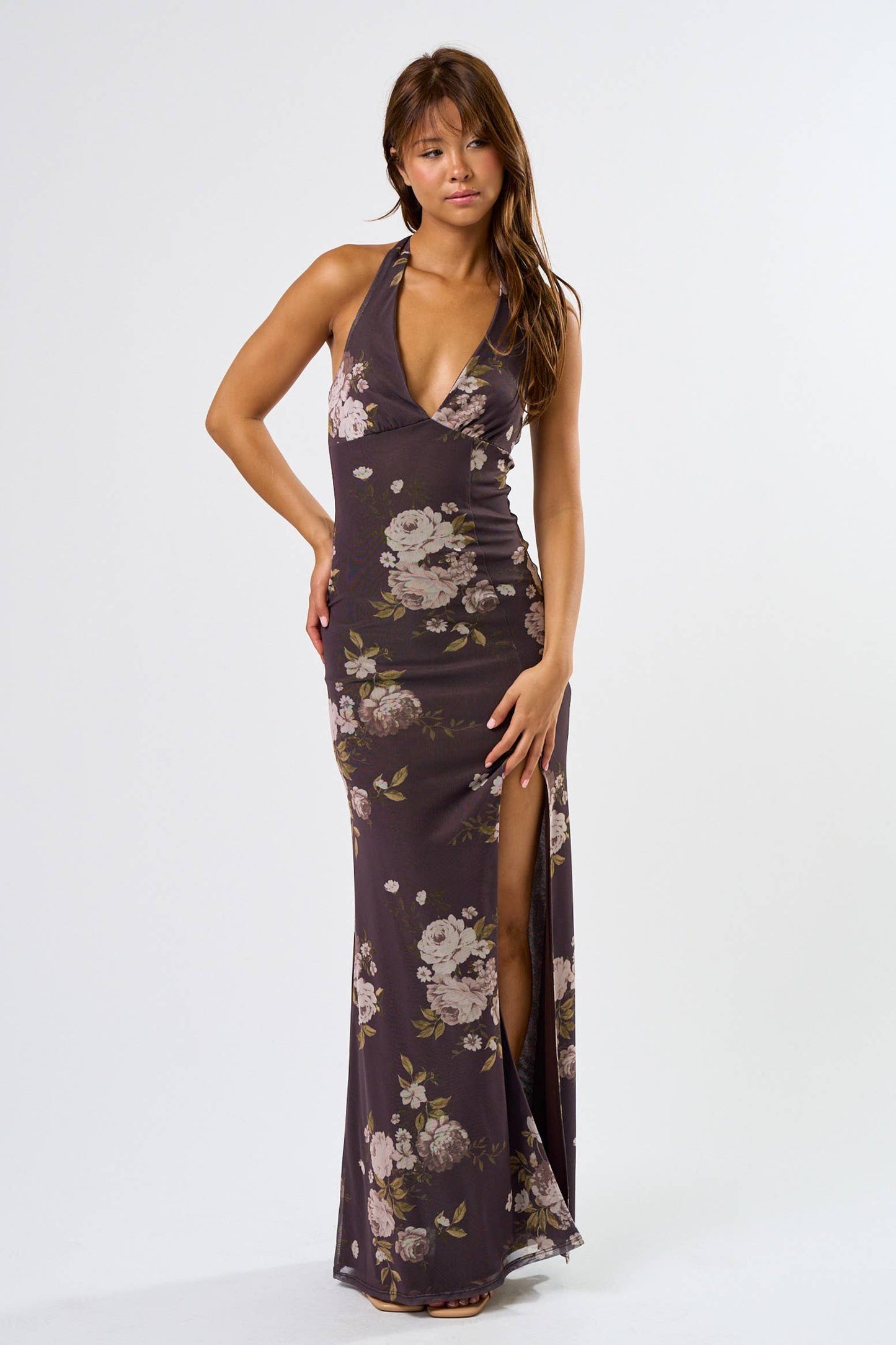 Brown Halter Neck Maxi with Slit Dress