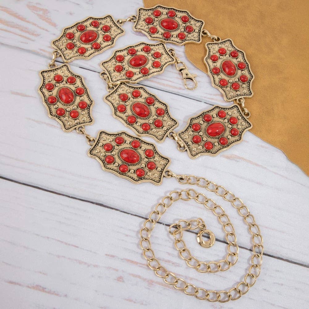 Multi Stone Detail Concho Chain Belt