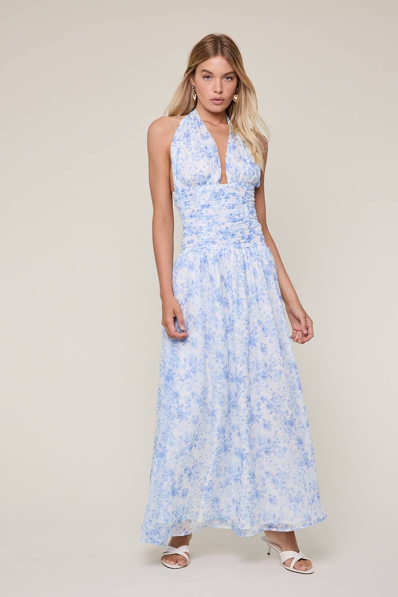 FLORAL CHIFFON HALTER MAXI DRESS