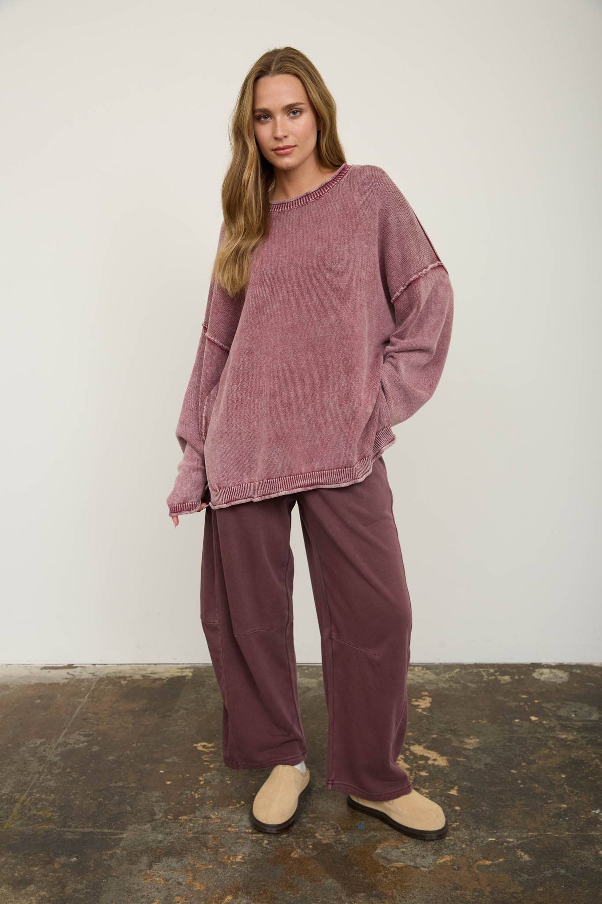 SMOCKED WAIST DRAWSTRING BARREL LEG SWEATPANTS