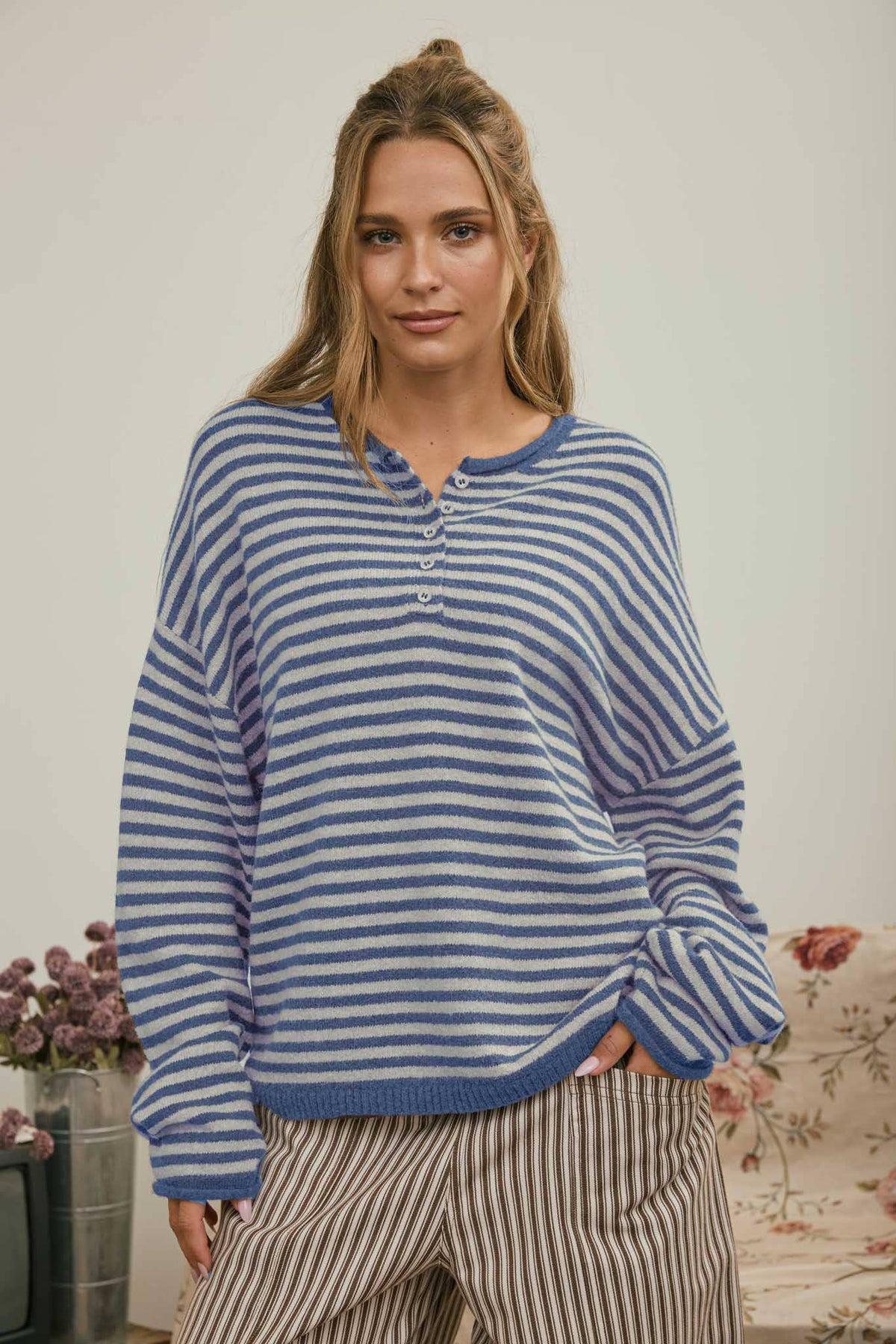 Henley Striped Sweater