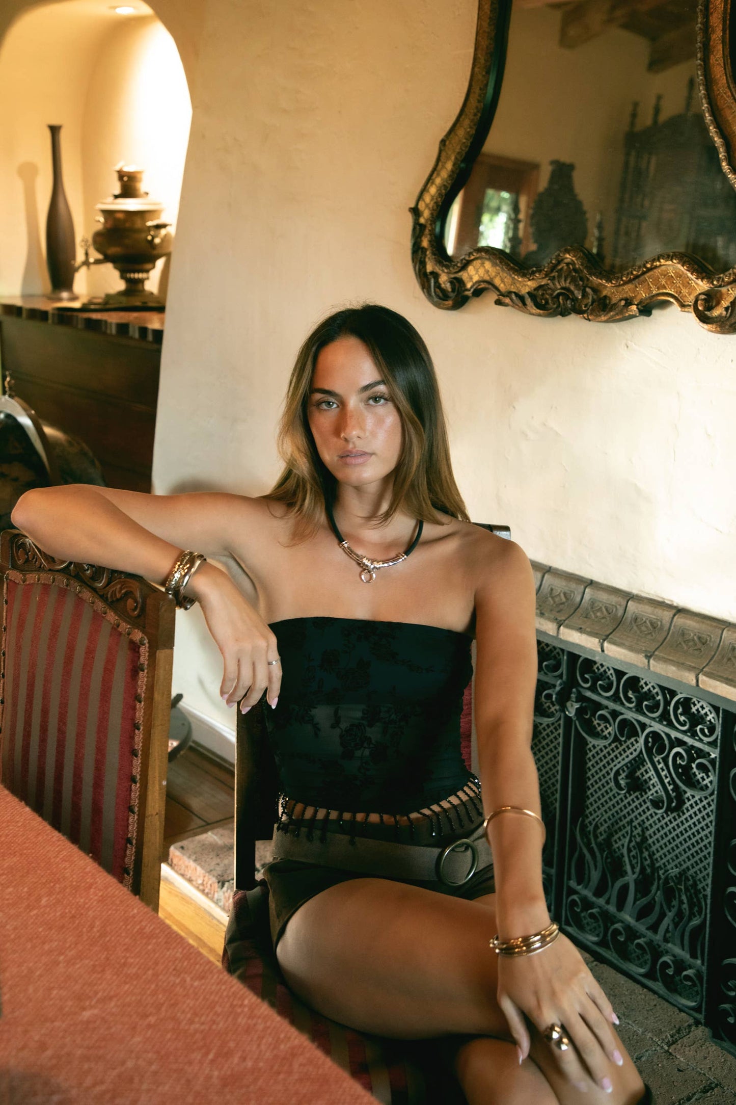 Mesh Sequence Beaded Bandeau Strapless Top