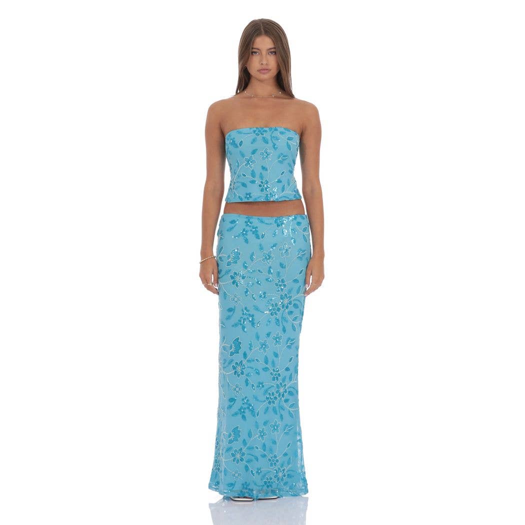 Strapless Beaded Floral Top in Aqua Blue