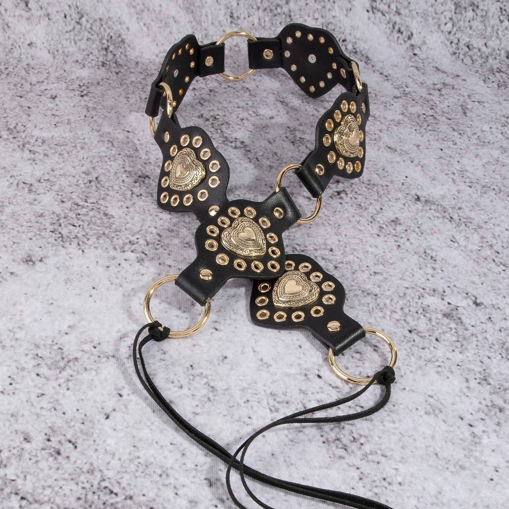 Intricate Heart Faux Leather Panels Chain Belt