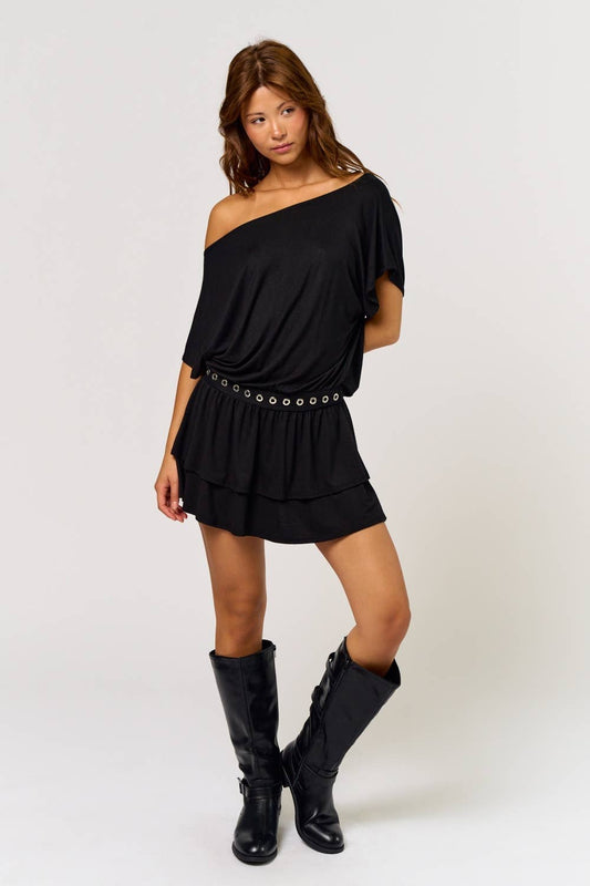 Bold Edge Metal Eyelet Boat Neck Mini Dress