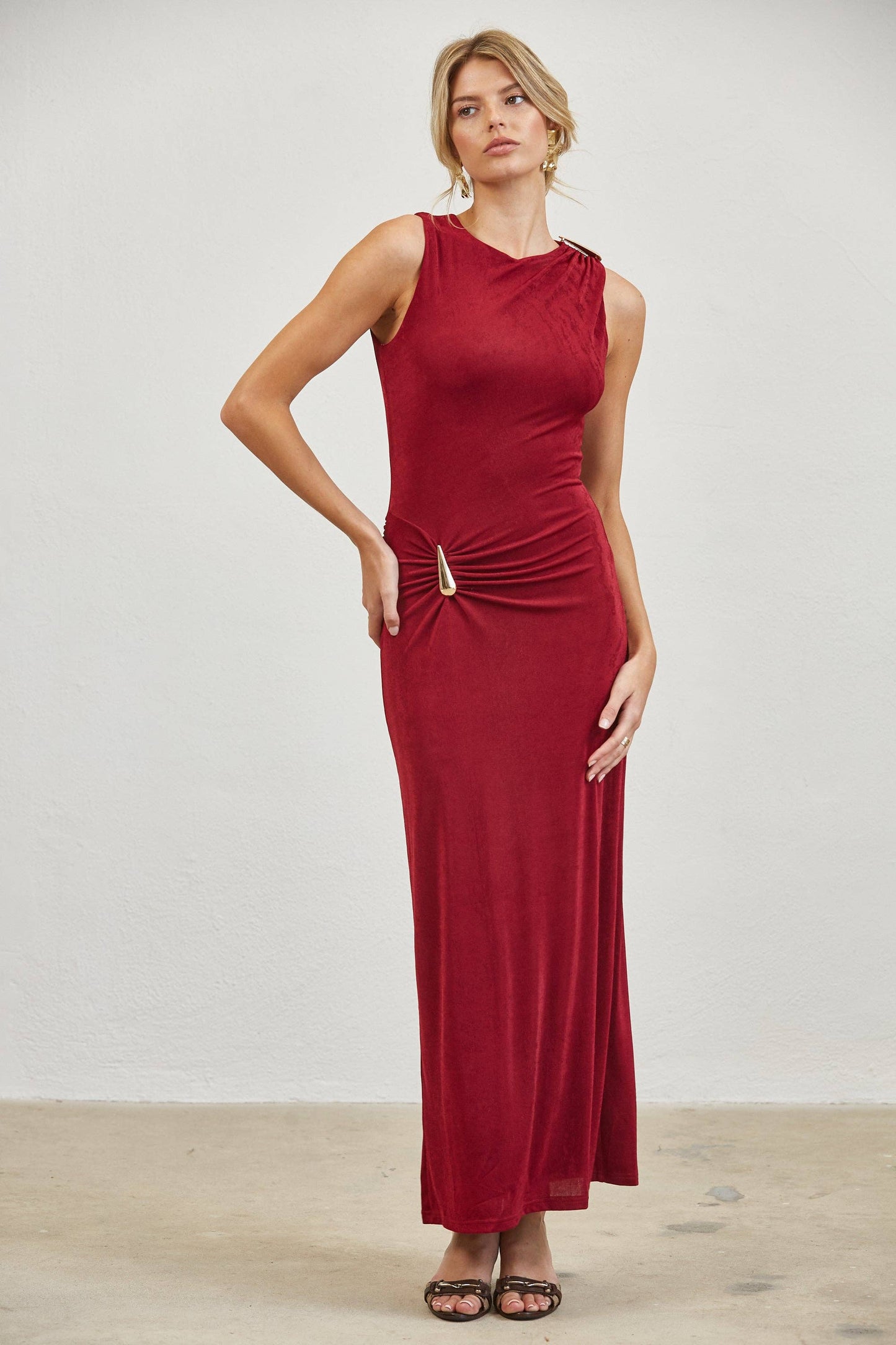 Gold Accent Ruched Slinky Maxi Dress