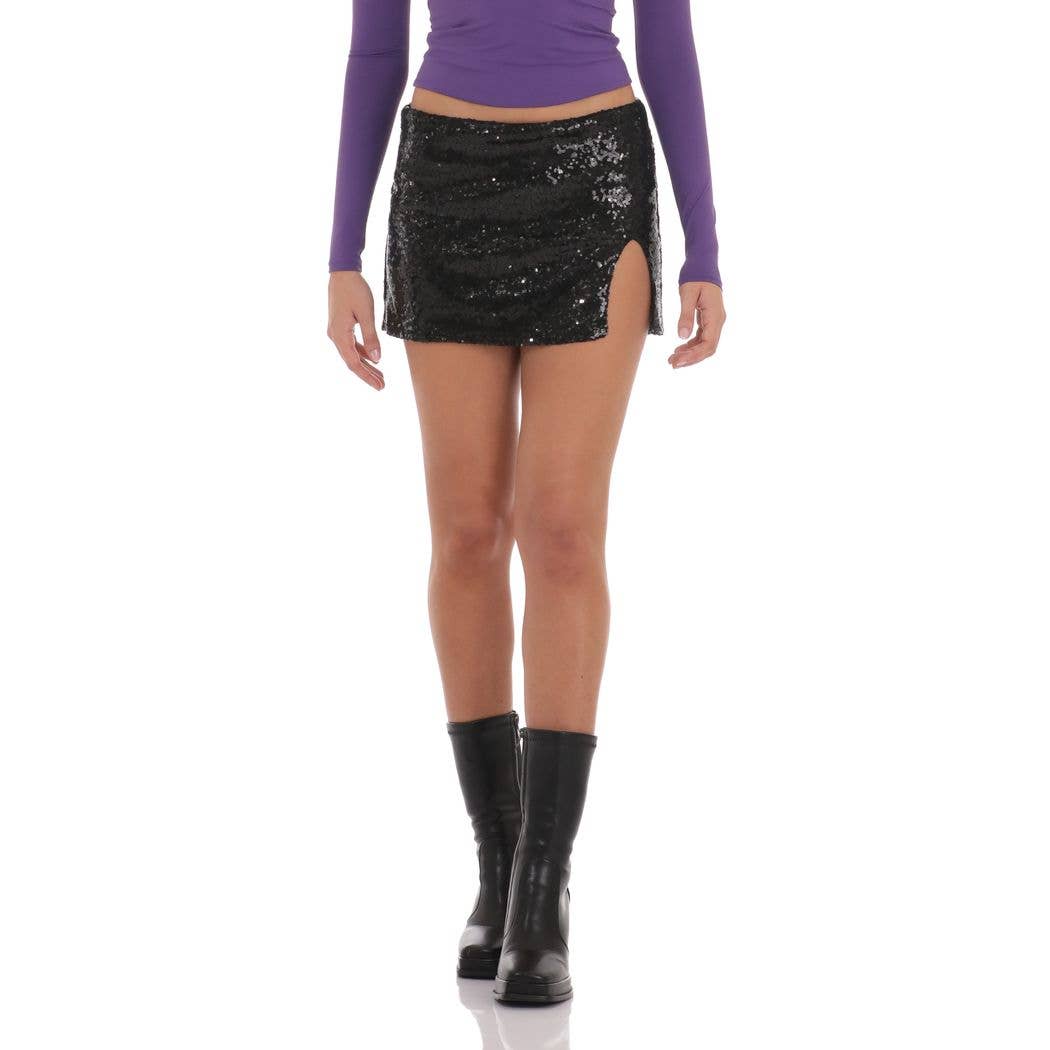 Sequin Slit Skirt in Black