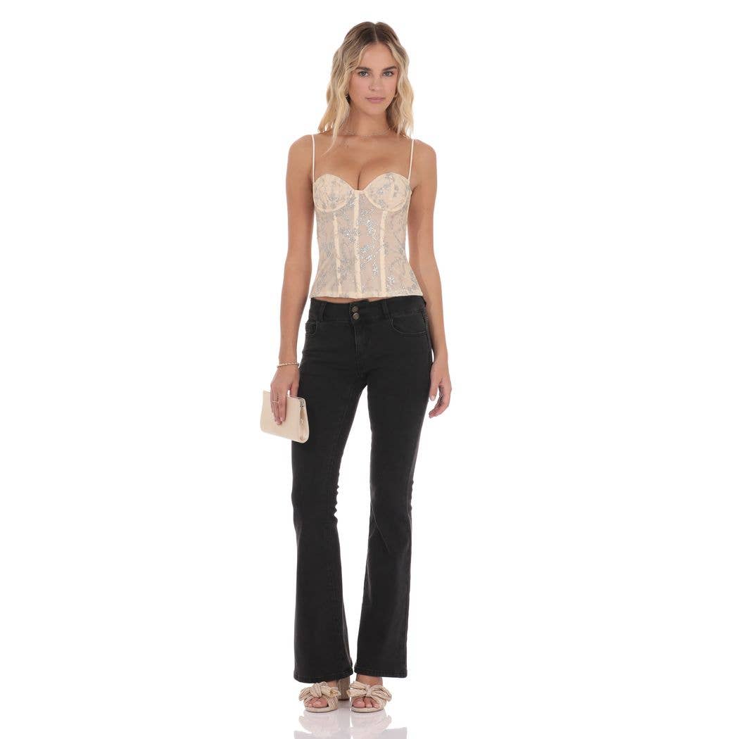 Corset Glitter Floral Top in Cream