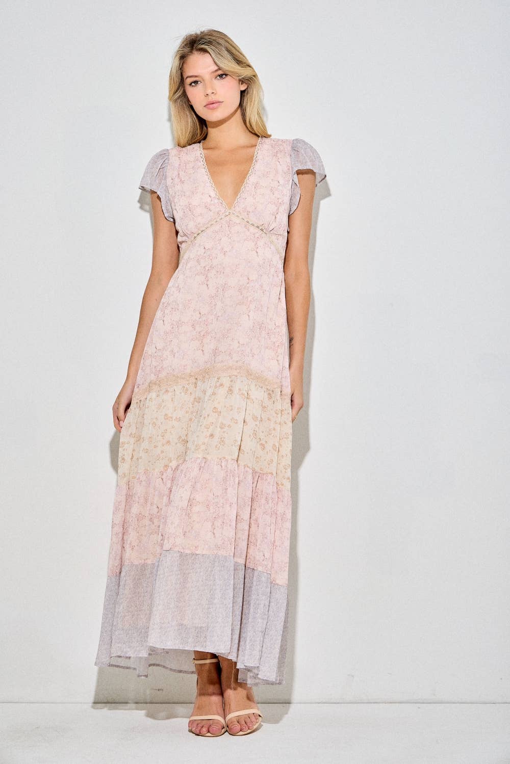 Deep V Print Lace Maxi dress
