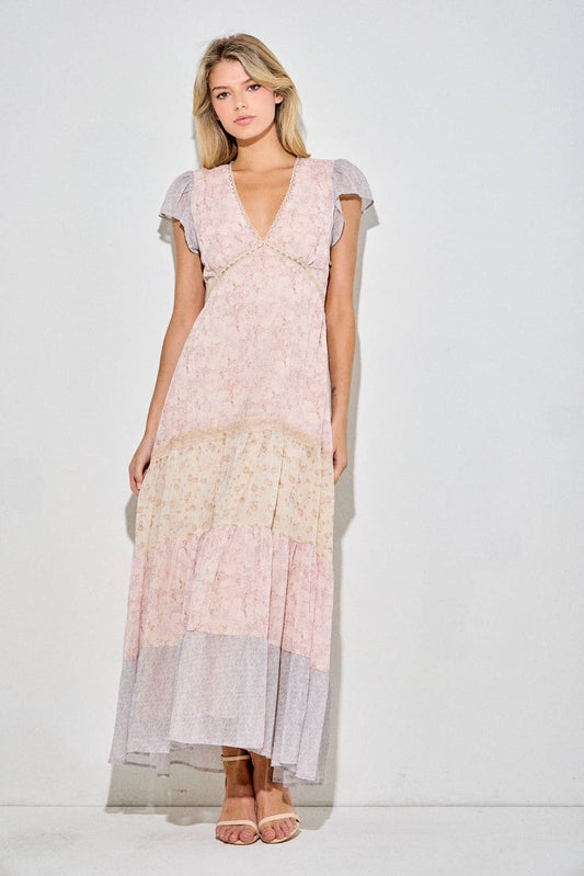 Deep V Print Lace Maxi dress