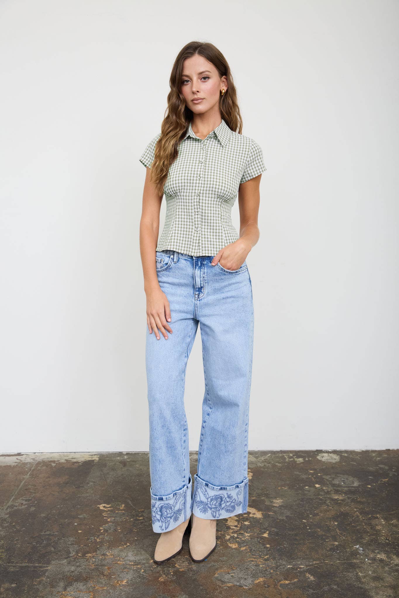 GINGHAM COLLARED SHORT SLEEVE TOP