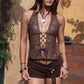 Stud Embellishment Distressed PU Leather Halter Top