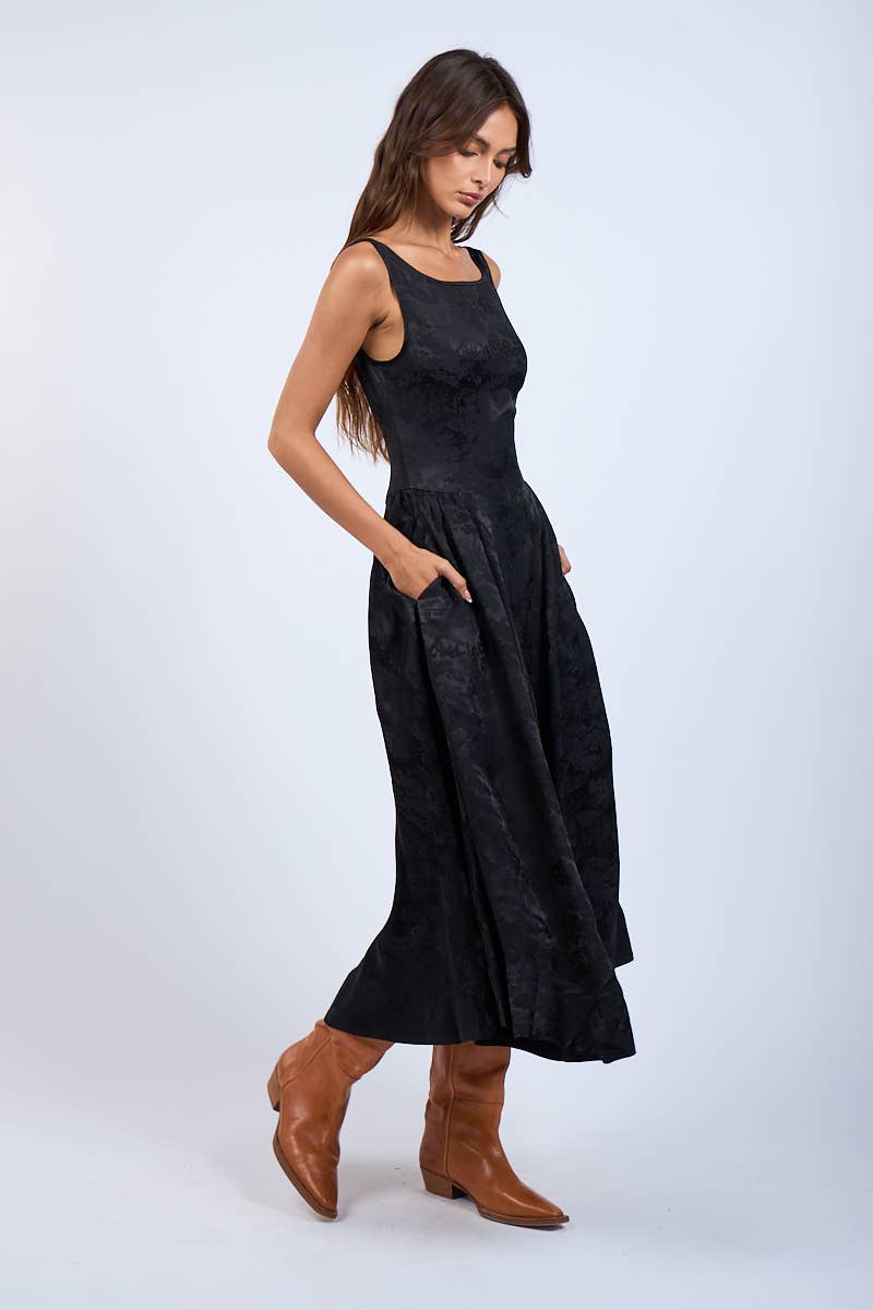 Satin Foral U-Shape Boat Neck Flare Midi Dress