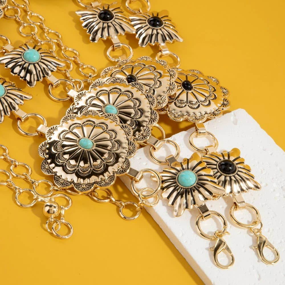 Western Turquoise Stud Floral Concho Chain Belt