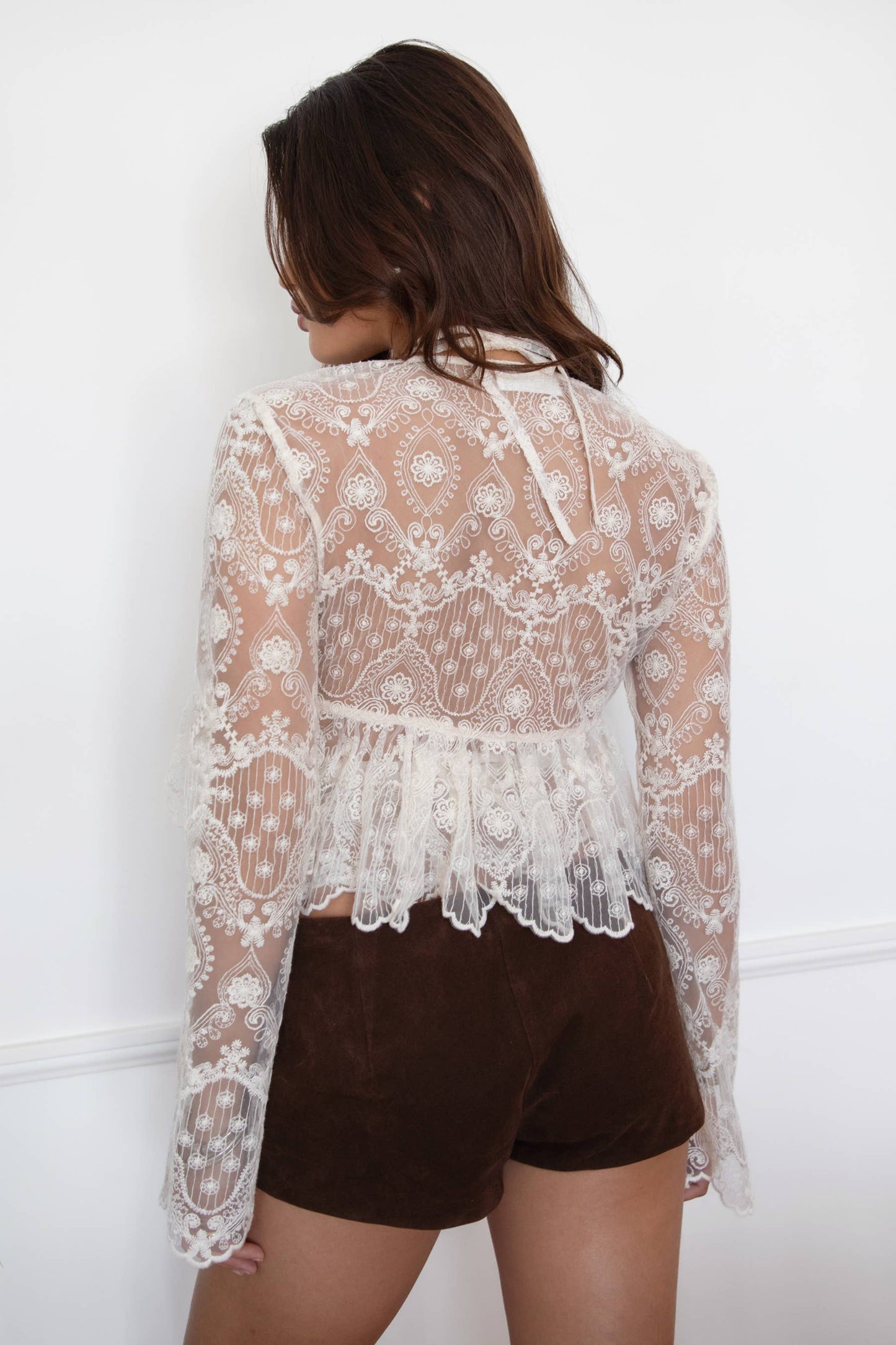 Crochet Embroidered Long Bell Sleeve Top