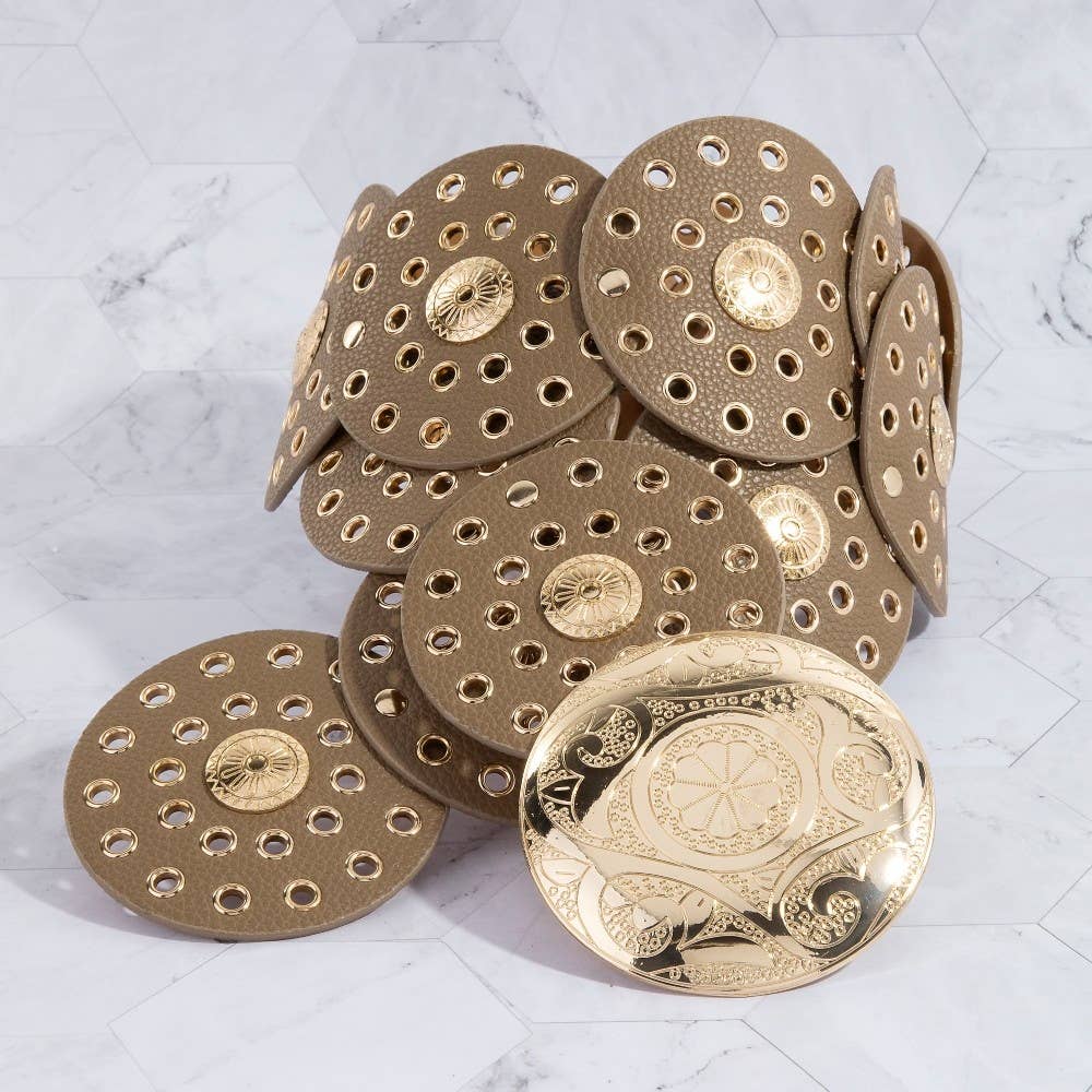 Faux Leather Grommet Disc Chain Belt