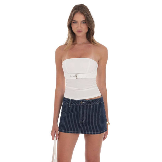 Pinstripe Denim Mini Skort in Blue