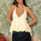 Frayed Hem Deep V-Neck Halter Neck Open Back Top