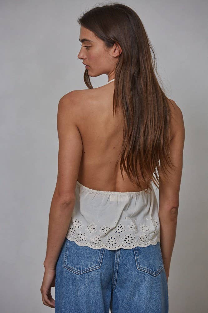 Knit Cotton Eyelet Halter Plunge V-Neck Top
