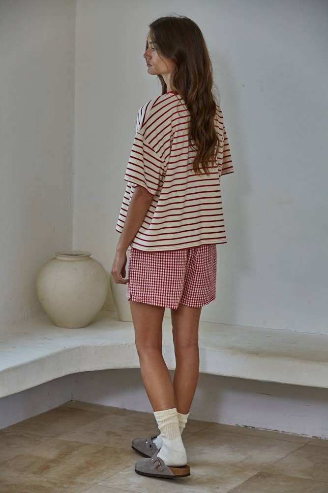 Cotton Striped Short Sleeve Crew Neck Top
