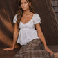 V NECK LADDER LACE PUFF SLEEVE