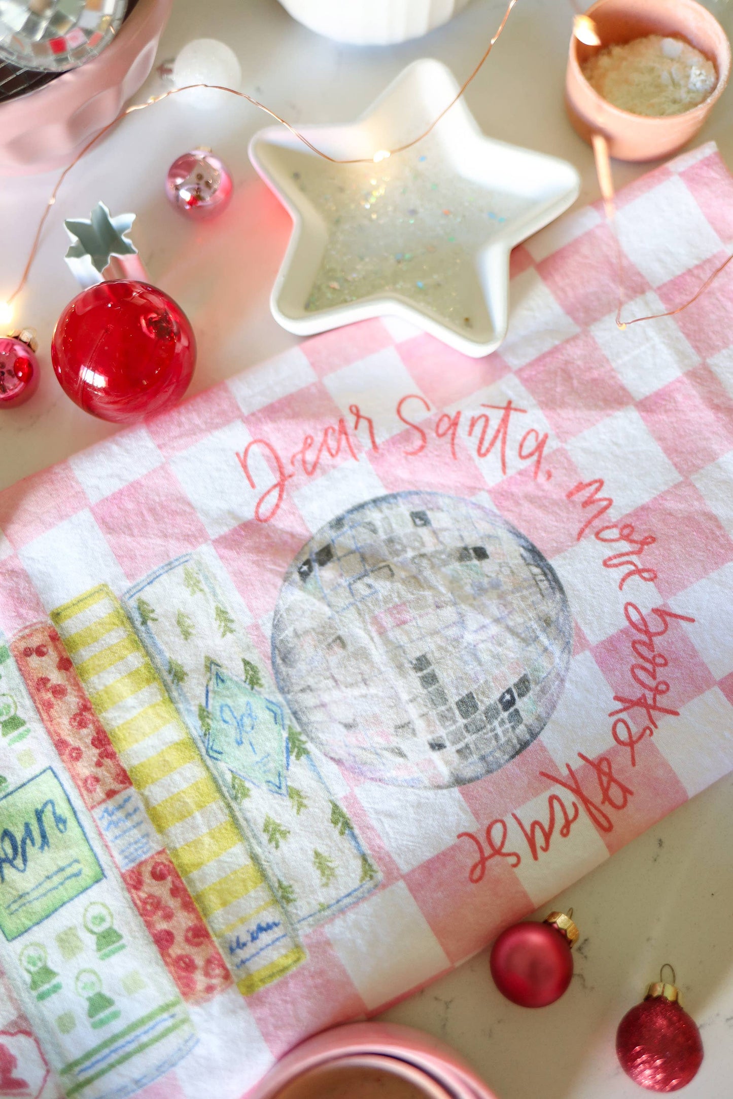 Dear Santa, more books please disco cotton tea towel