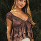 V-Neck Boho Lace Trim Puff Sleeves Babydoll Top