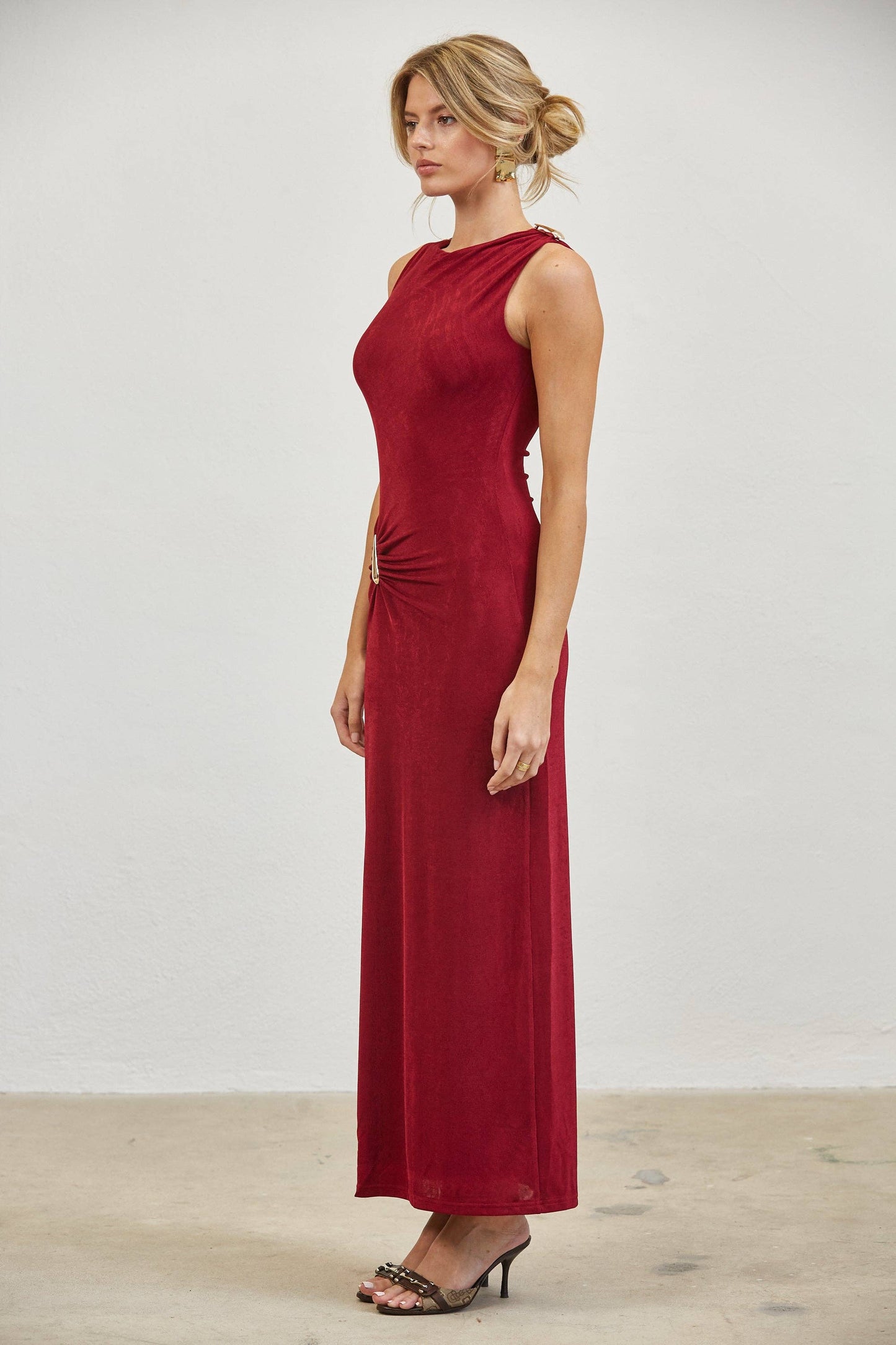 Gold Accent Ruched Slinky Maxi Dress