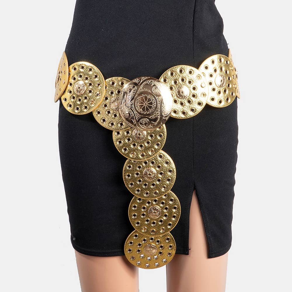 Faux Leather Grommet Disc Chain Belt