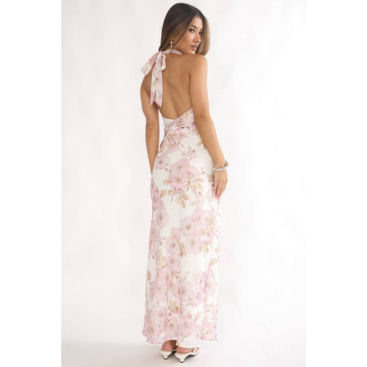 Cold Shoulder High Halter Floral Maxi Dress