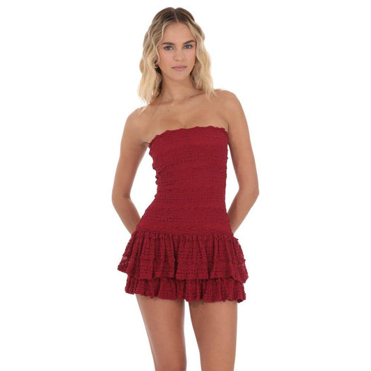 Strapless Lace Ruffle Dress in Red