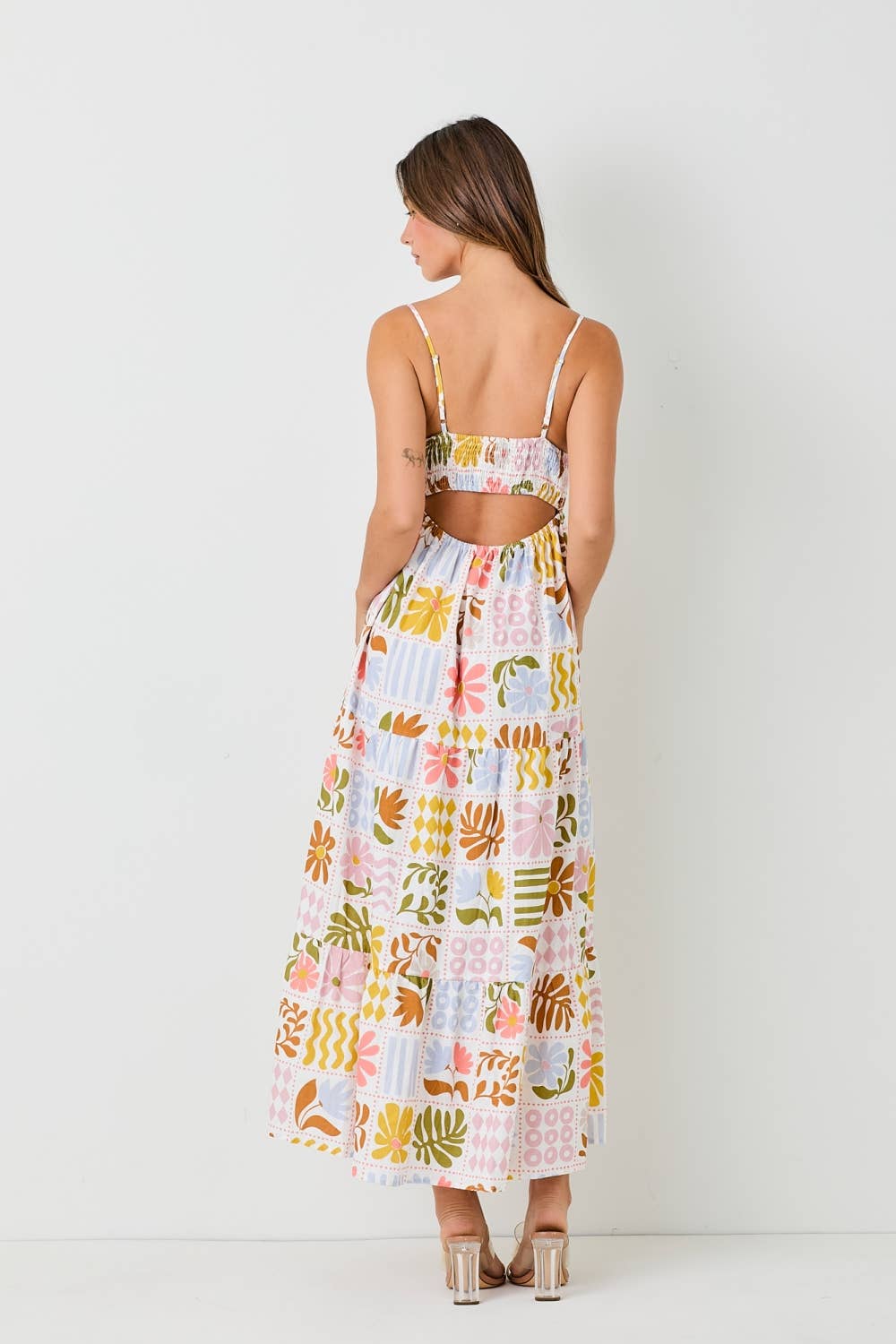 Abstract Floral Print Smocked Back Sundress
