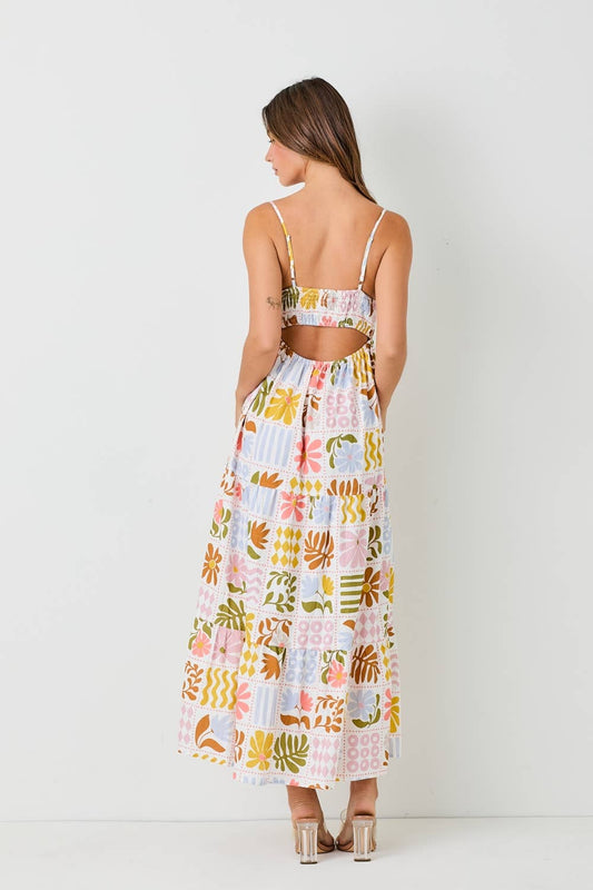 Abstract Floral Print Smocked Back Sundress