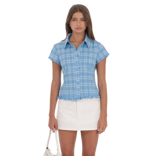 Plaid Button-Up Ruffle Top in Blue