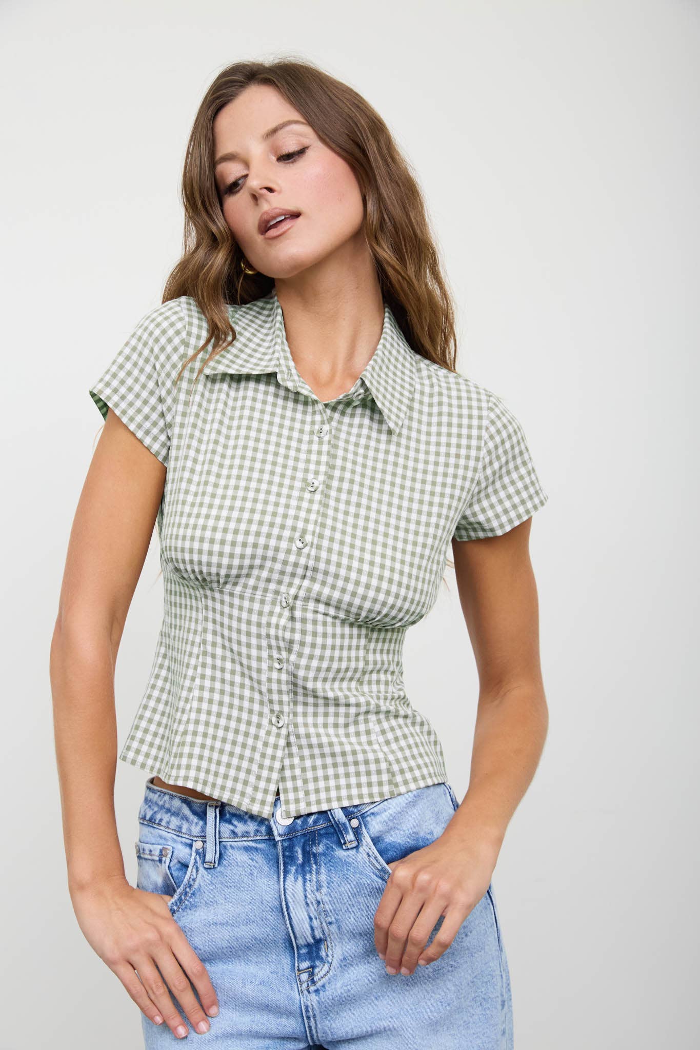 GINGHAM COLLARED SHORT SLEEVE TOP