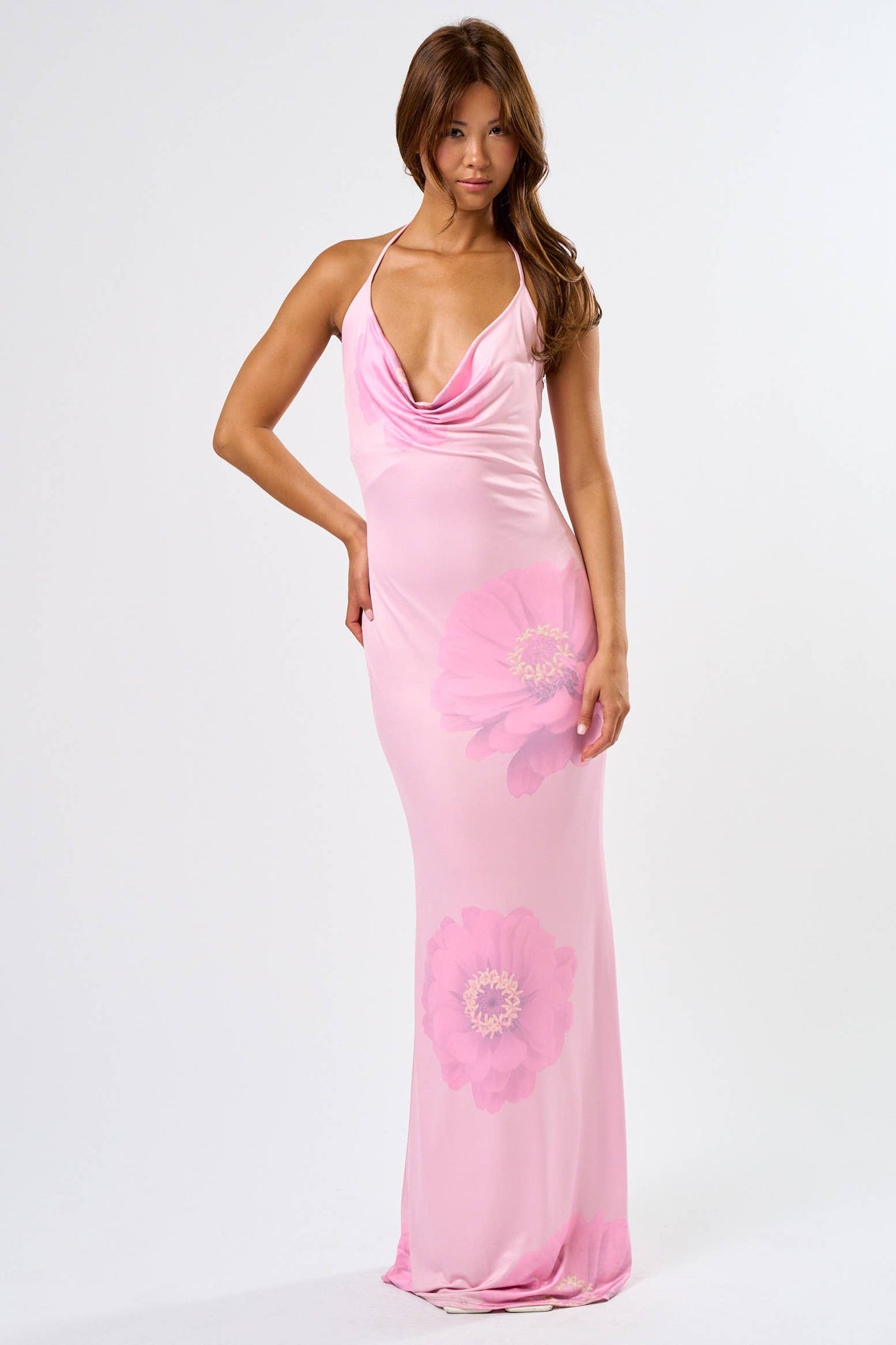 Pink Halter Floral Print Dress
