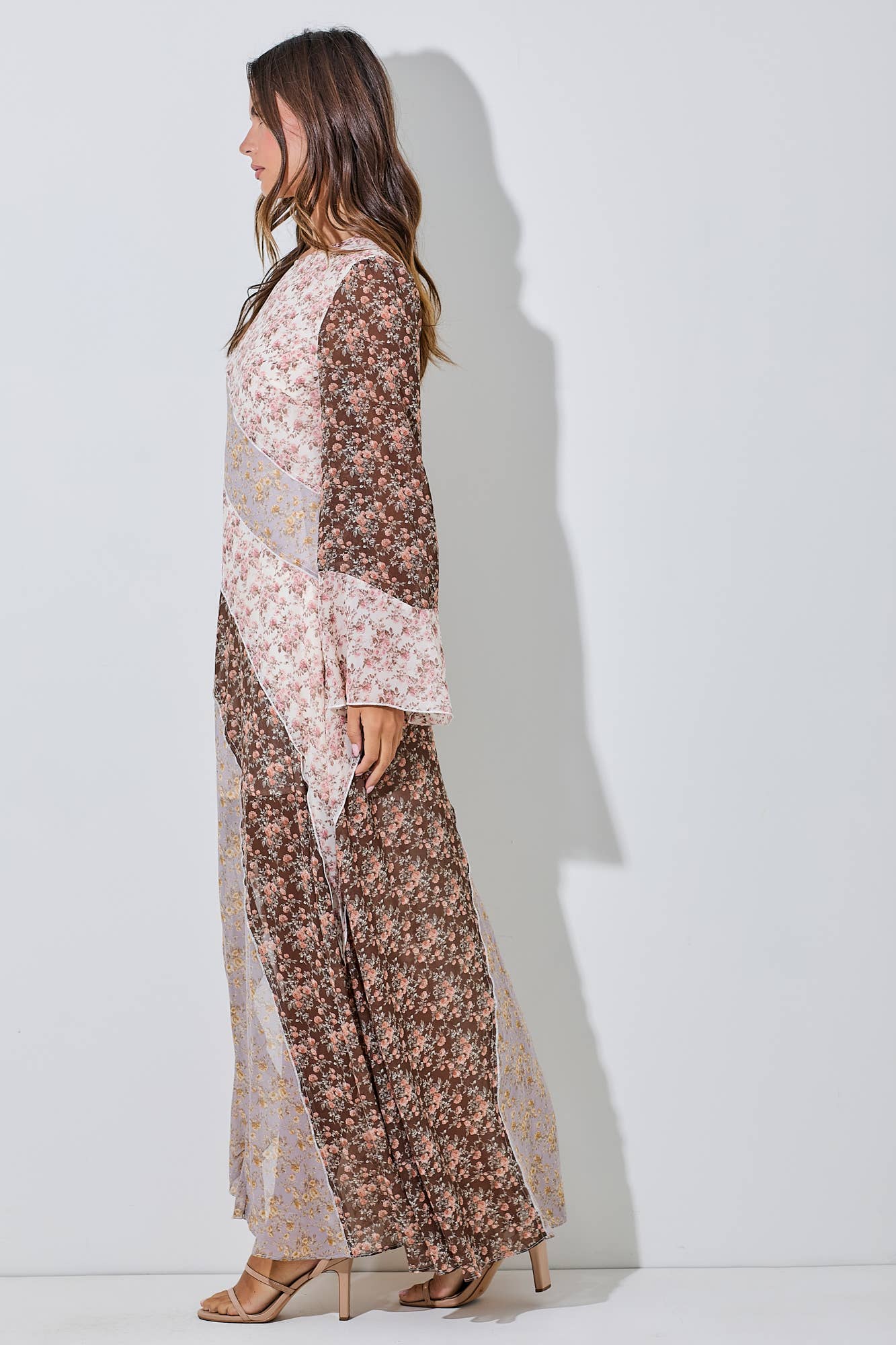 Floral Print Mix Chiffron Ruffle Maxi Dress