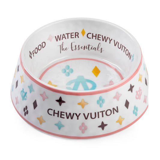 White Chewy Vuiton Dog Bowl