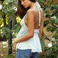 Frayed Hem Deep V-Neck Halter Neck Open Back Top