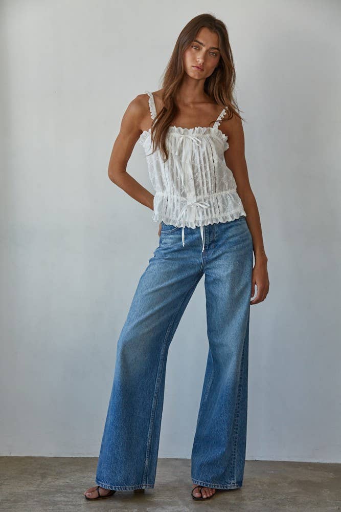 Woven Eyelet Button Down Square Neck Top