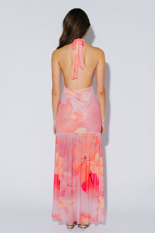 Floral Print Plunging Halter Maxi Dress