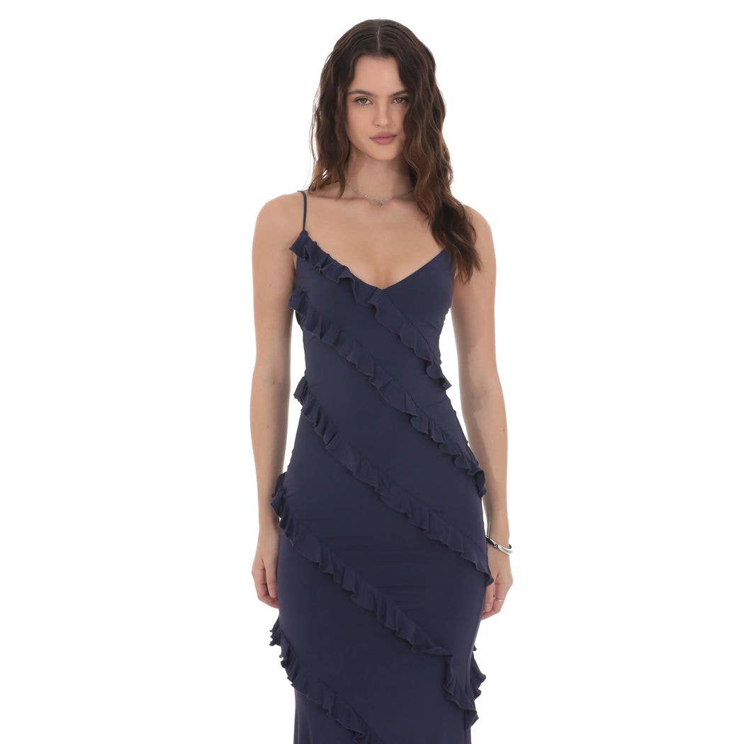Ruffle V-Neck Maxi Dress in Navy