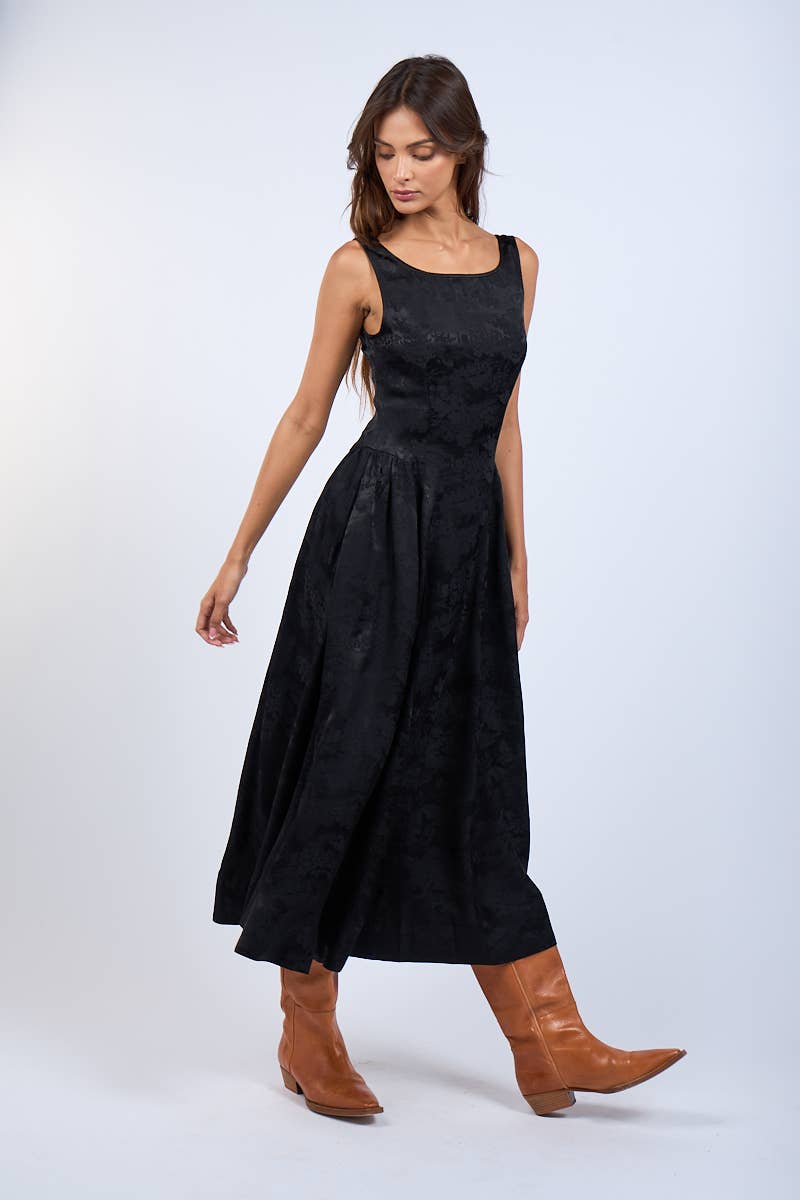 Satin Foral U-Shape Boat Neck Flare Midi Dress
