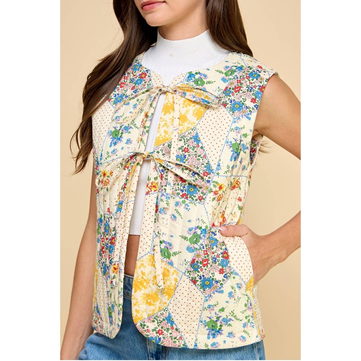 Multi Flower Quilted Vest with Front Ribbon