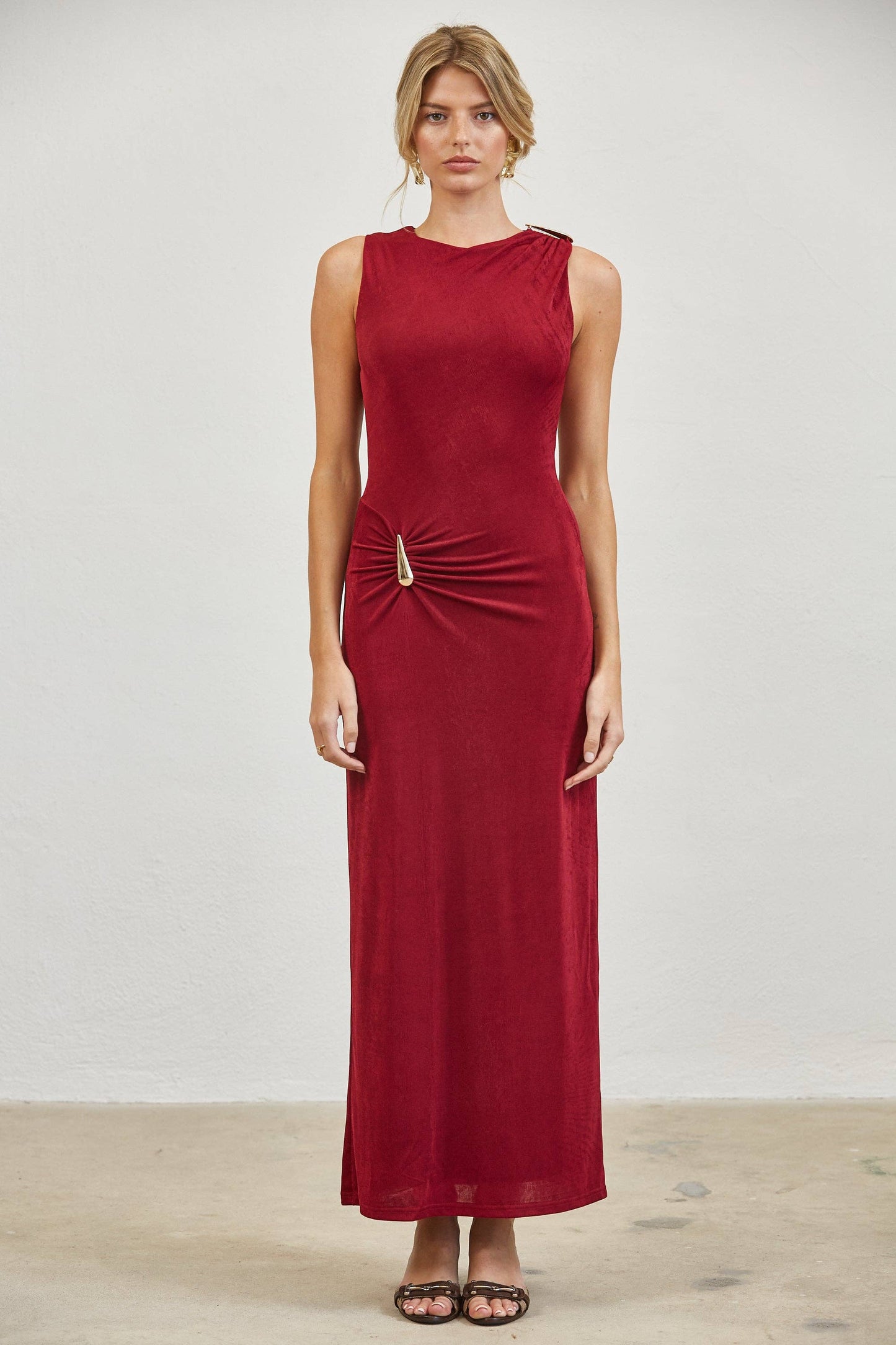Gold Accent Ruched Slinky Maxi Dress