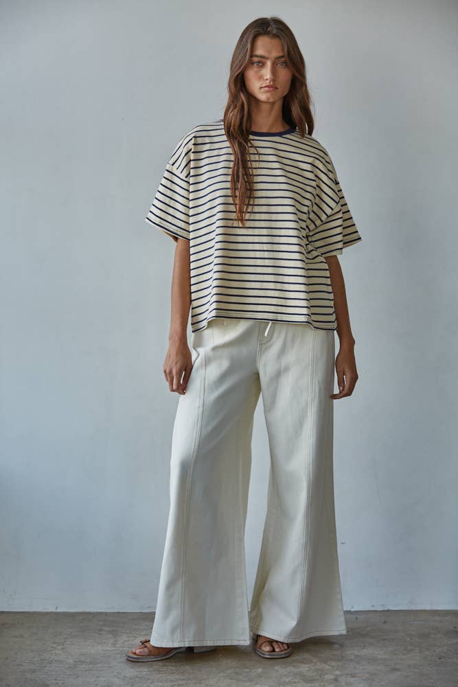 Cotton Striped Short Sleeve Crew Neck Top